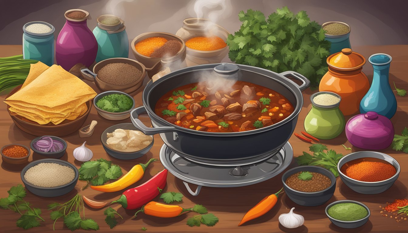 A steaming pot of birria stew simmers on a stove, surrounded by colorful jars of various spices and fresh ingredients like chiles, onions, and cilantro