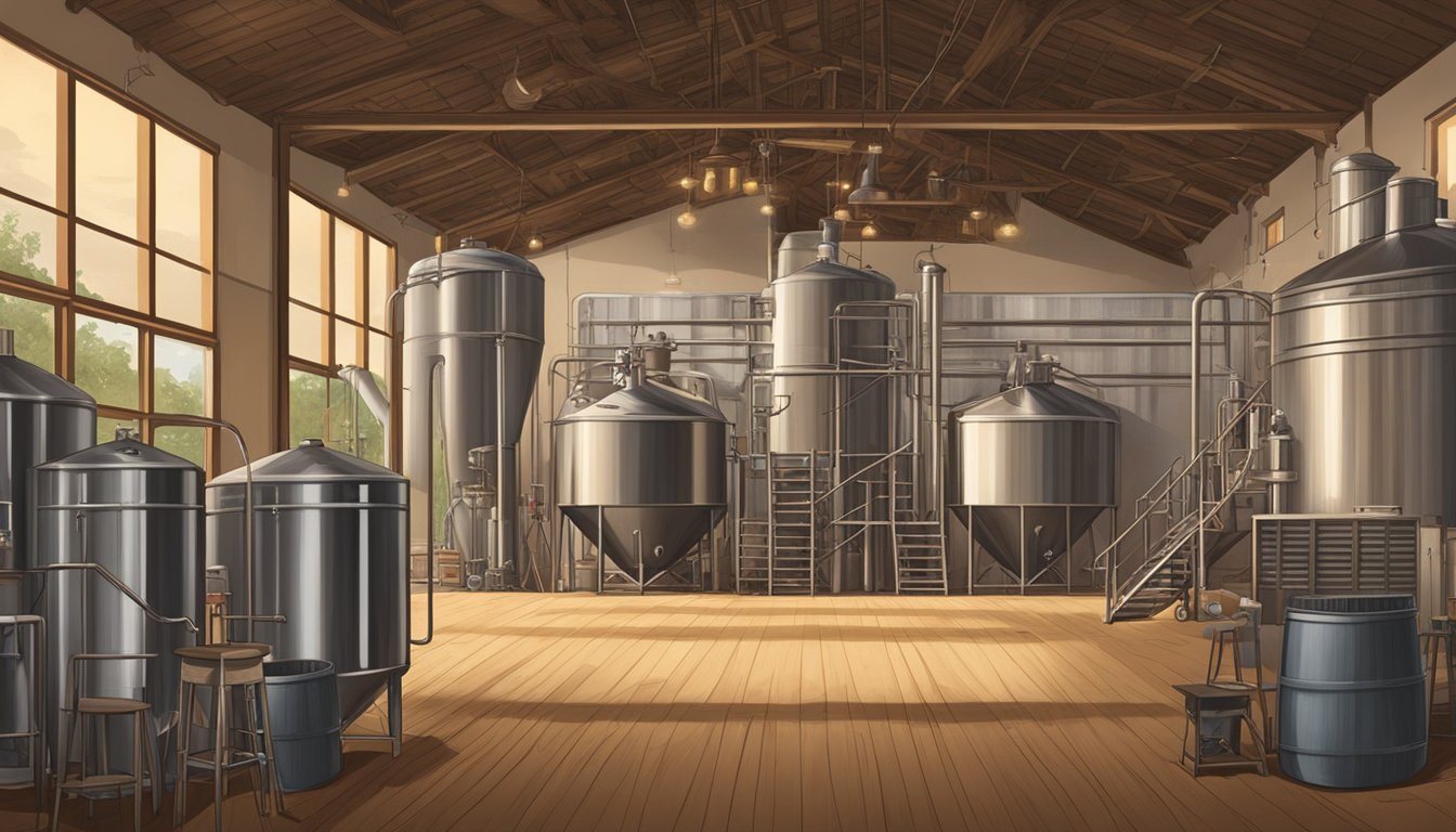 A rustic brewery with Lone Star grains, maltsters at work, and a history of Texas brewing excellence