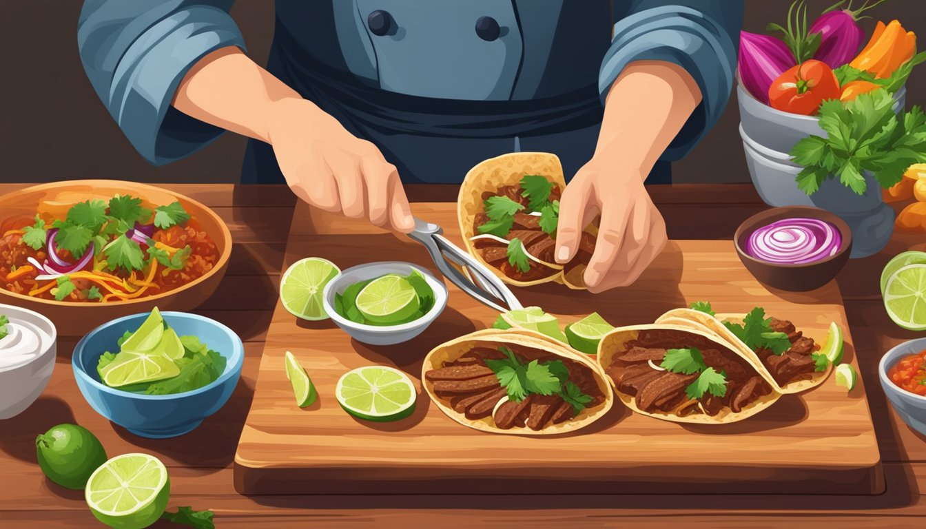 A chef prepares birria tacos with a variety of colorful garnishes on a wooden cutting board