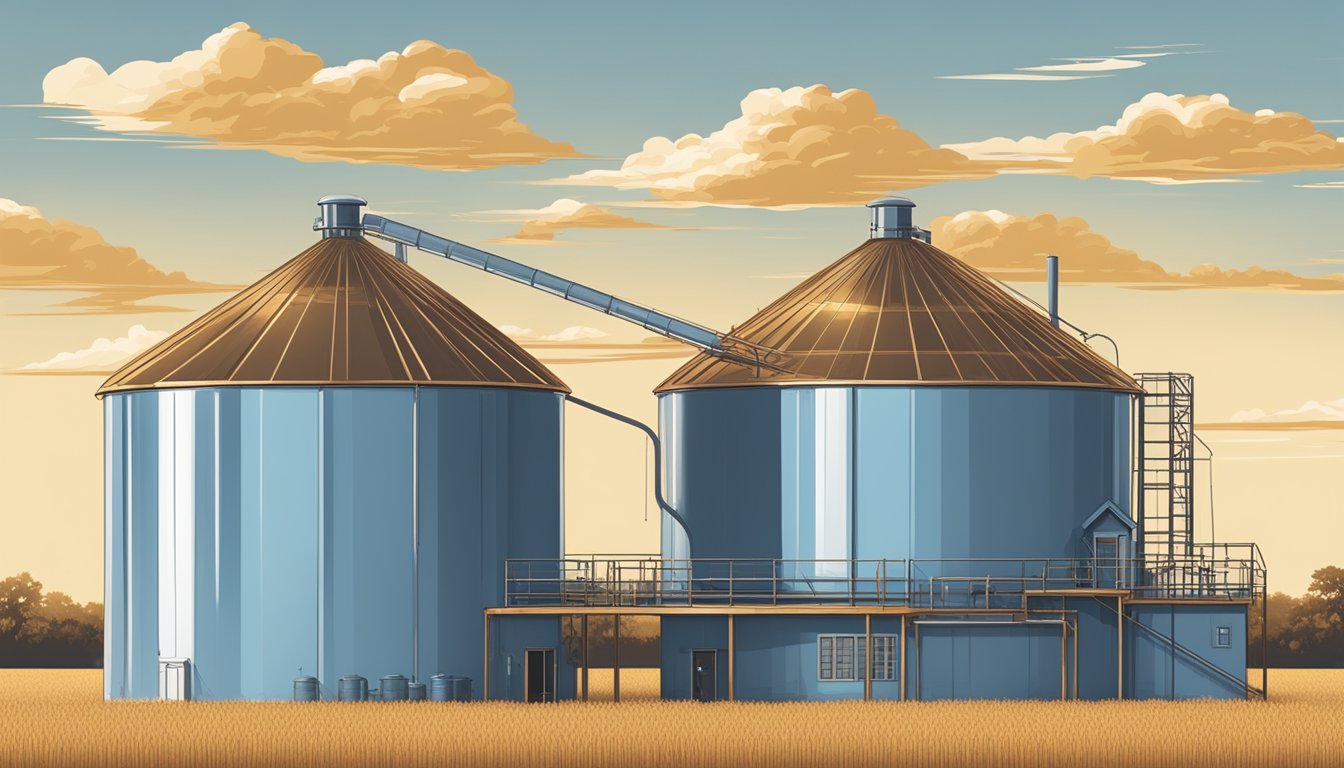 A rustic Texas malt house with large copper brewing tanks surrounded by fields of golden grain under a clear blue sky