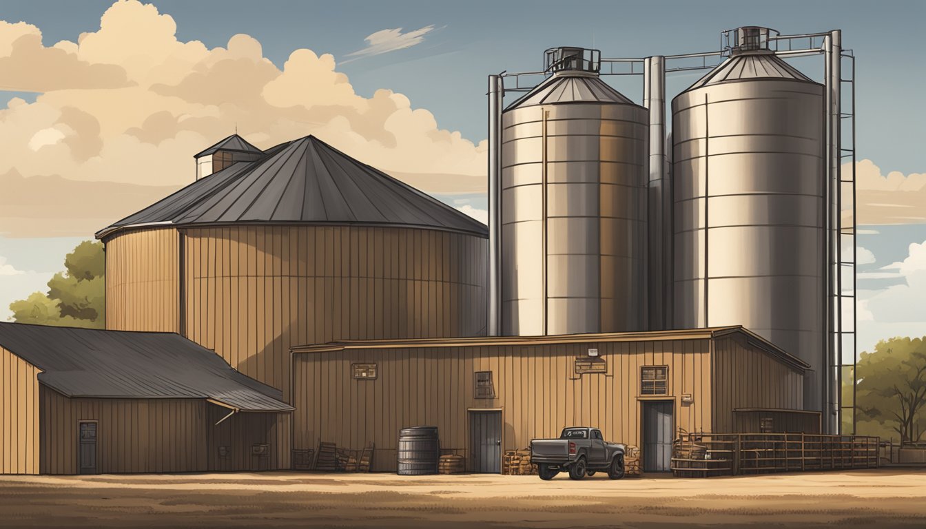 A rustic Texas malt house with towering silos and a bustling brewery floor, where Lone Star grains are expertly transformed into craft beer