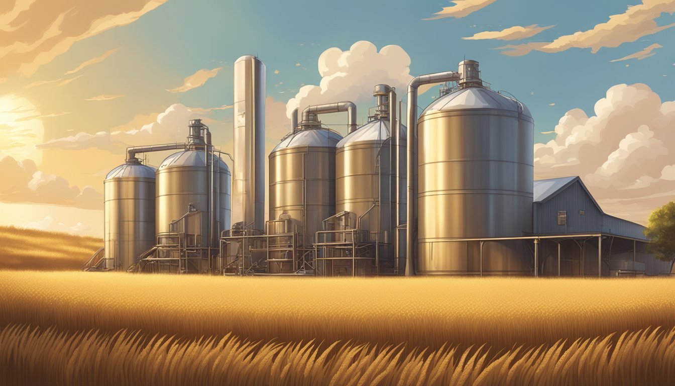 A rustic brewery with towering steel tanks, surrounded by fields of golden grains under the Texas sun