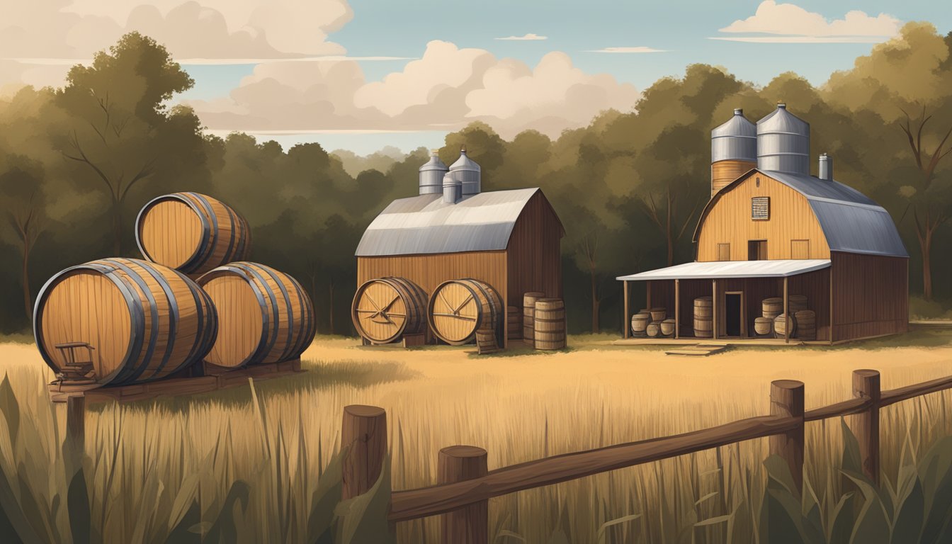 A rustic Texas distillery with fields of grain, copper stills, and oak barrels aging whiskey