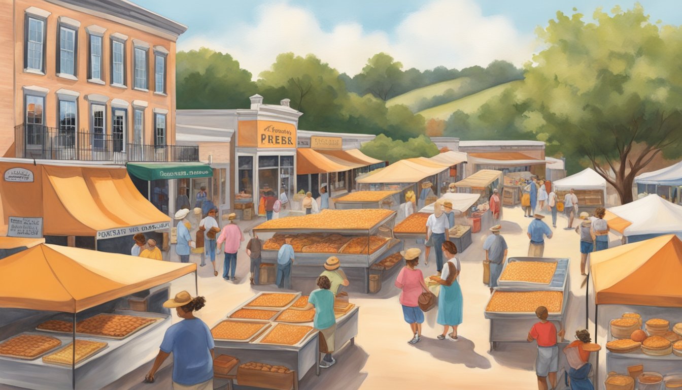 A bustling farmers' market filled with colorful displays of peach pies, jams, and fresh fruit. The aroma of peach cobbler fills the air as visitors explore the rich peach heritage of Fredericksburg, Texas