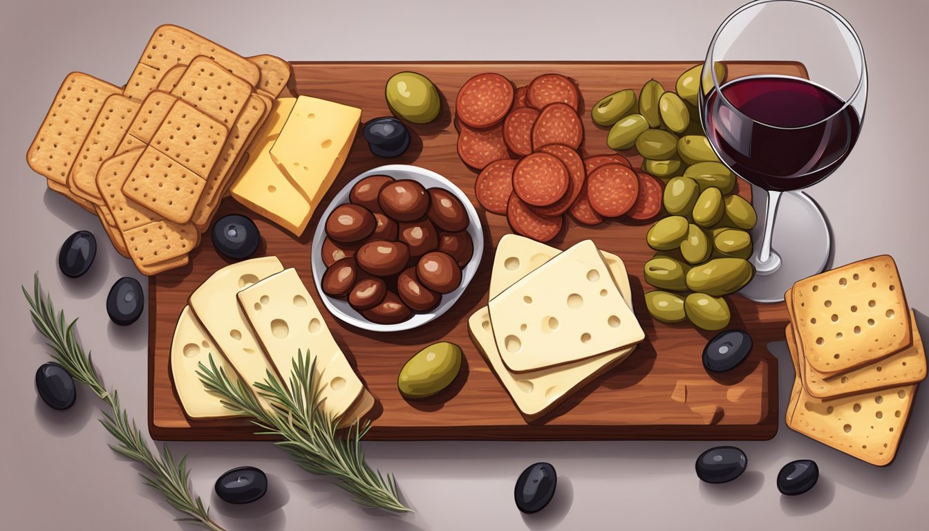 A wooden cutting board with slices of chorizo, surrounded by olives, cheese, and crackers. A glass of red wine sits nearby