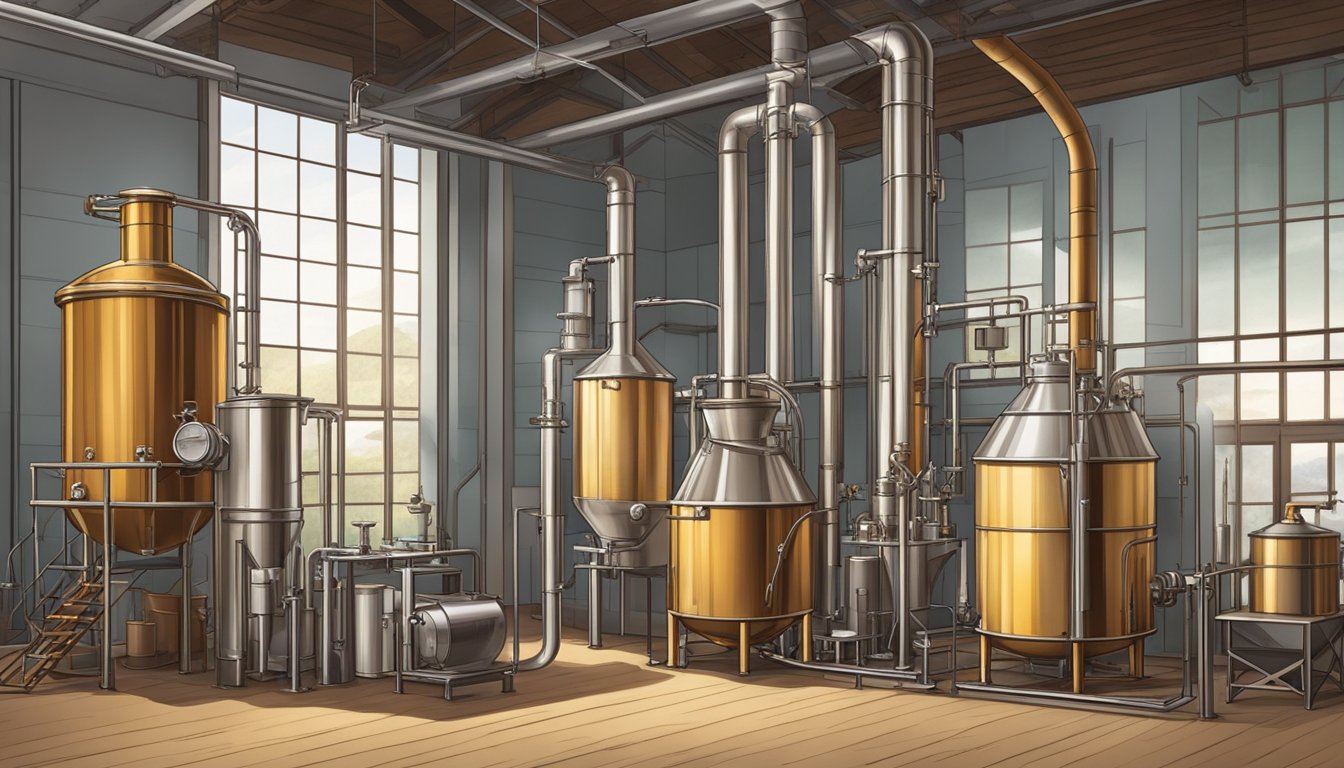 Grain being ground, mixed with water, and heated in a distillation apparatus to produce whiskey