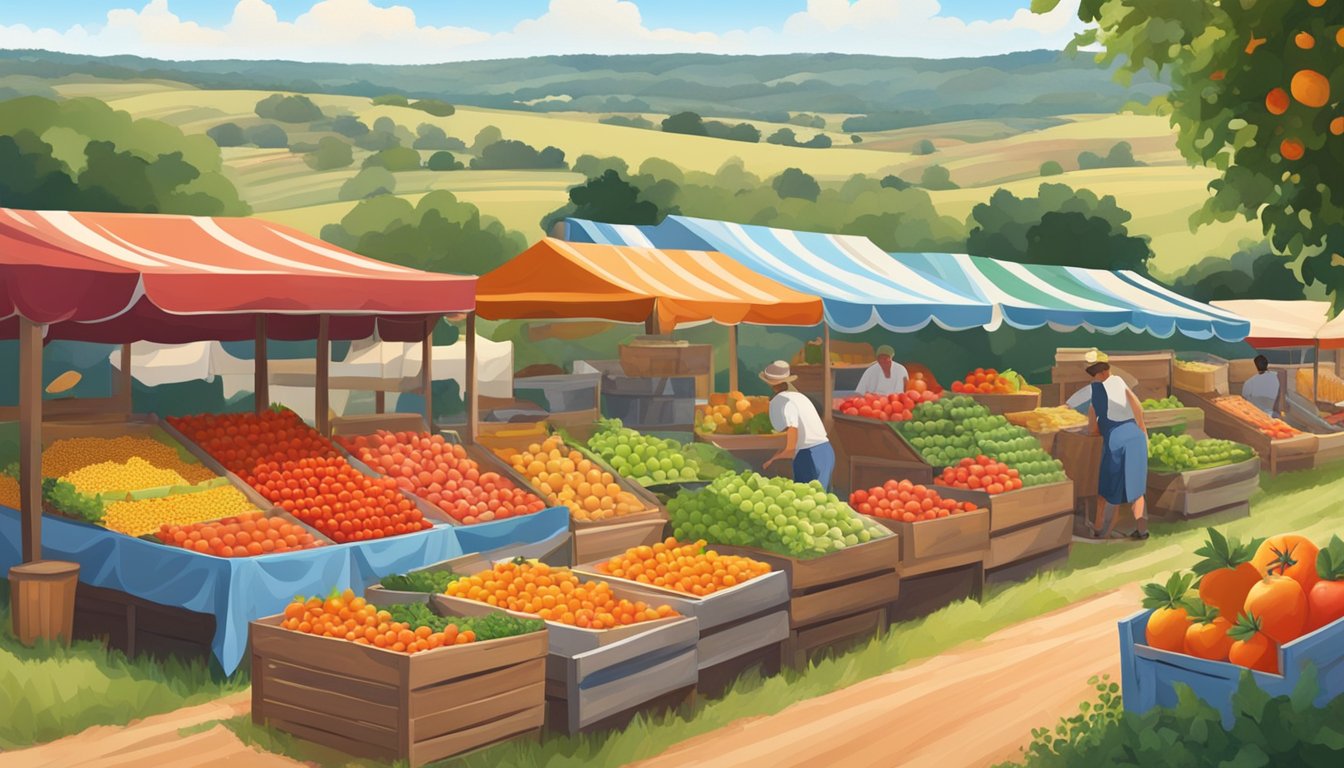 A vibrant market stall overflowing with colorful produce, including ripe peaches, plump tomatoes, and crisp apples, surrounded by the rolling hills of Fredericksburg, Texas