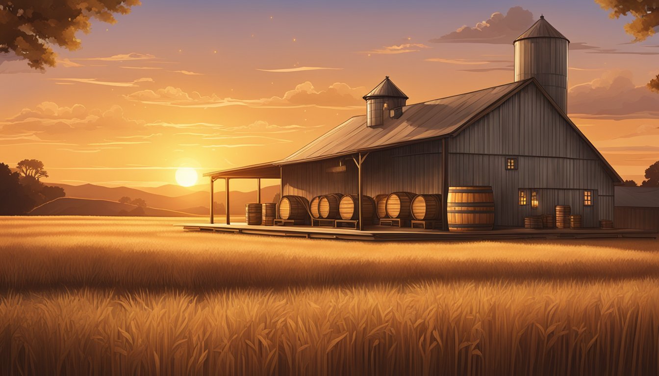 A rustic wooden distillery with copper stills, oak barrels, and fields of golden grain under a Texan sunset