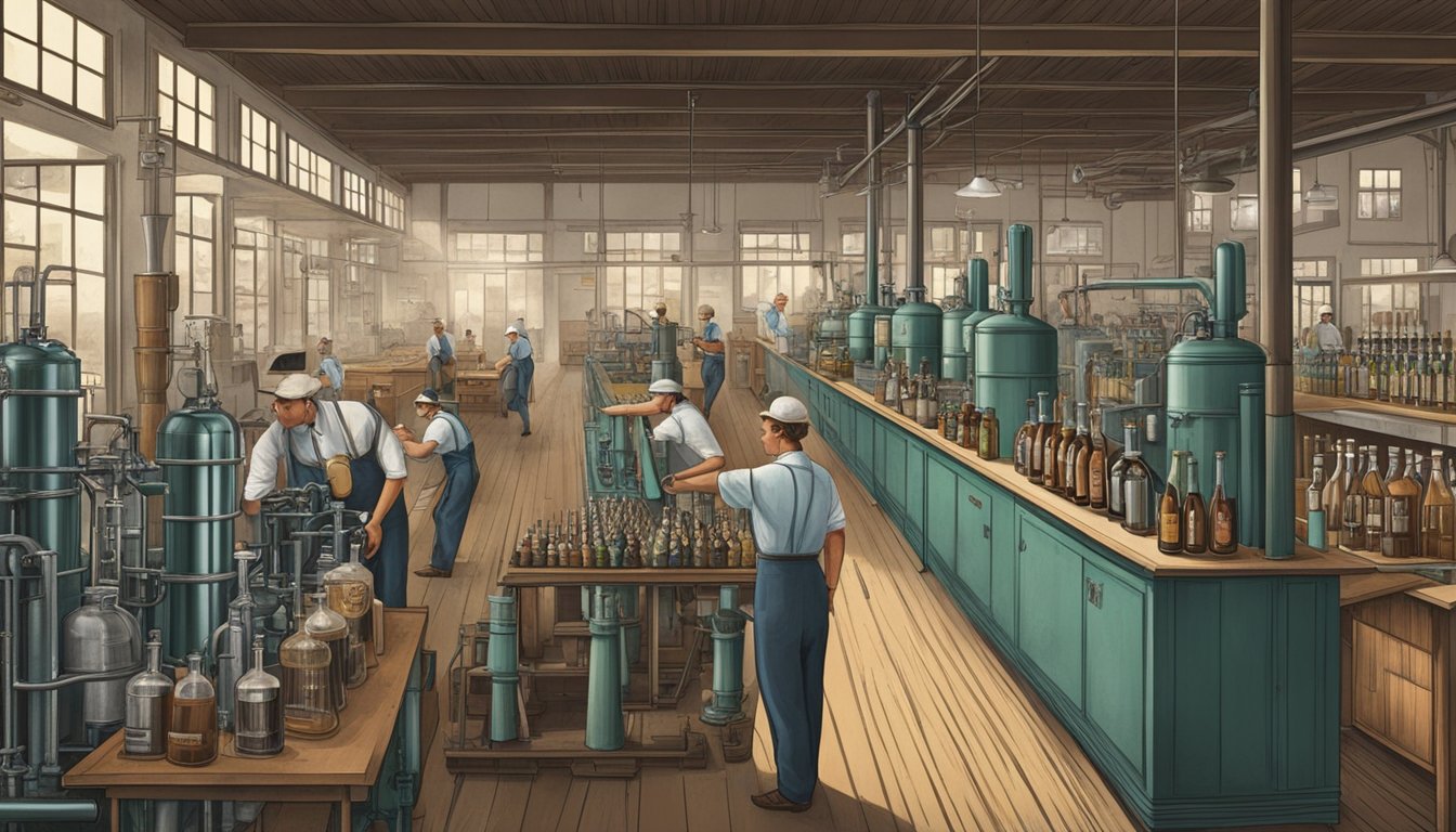 A bustling Texas soda factory, with workers bottling and labeling prohibition-era sodas, surrounded by vintage machinery and historical photographs