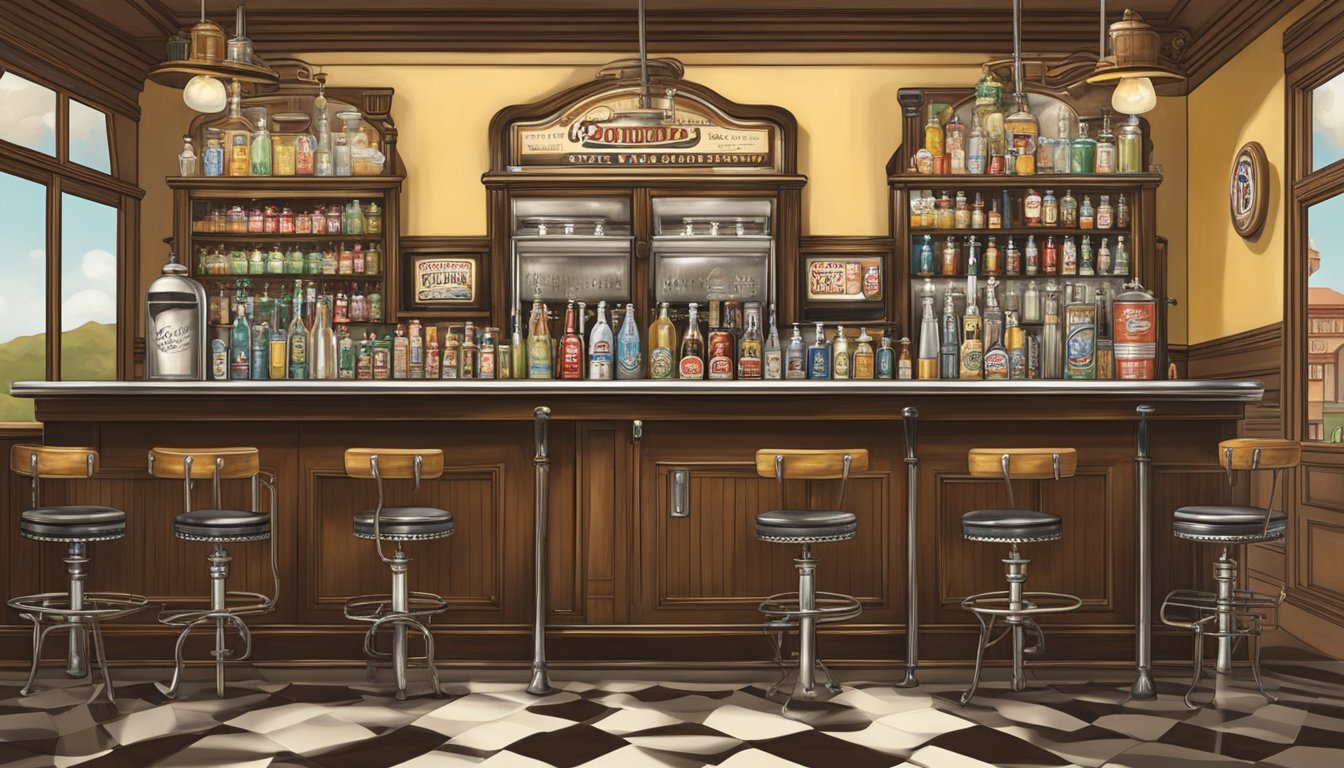 A vintage soda fountain with a Texas theme, featuring old-fashioned soda dispensers and prohibition-era decor