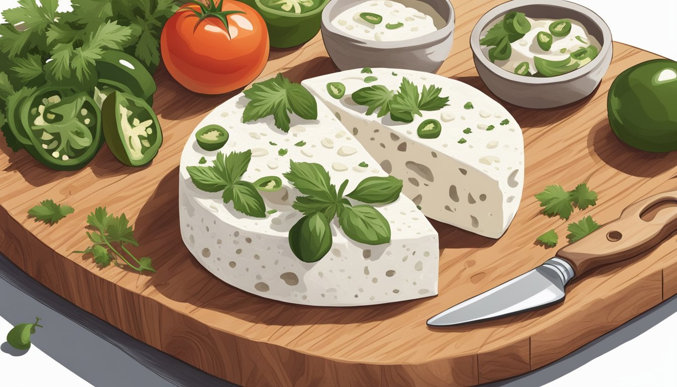 A block of queso fresco surrounded by fresh tomatoes, cilantro, and jalapeños on a wooden cutting board