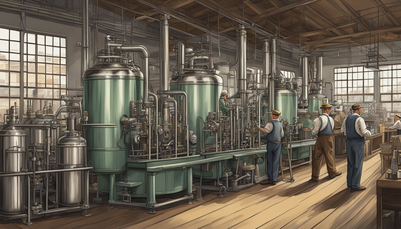 A vintage soda bottling plant with old-fashioned machinery and workers in prohibition-era attire