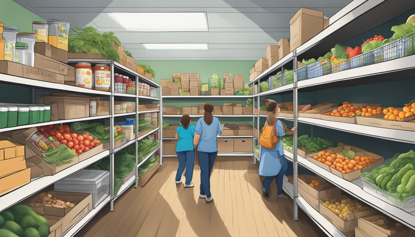 A bustling food pantry in Texas, filled with shelves of fresh produce and volunteers helping families in need