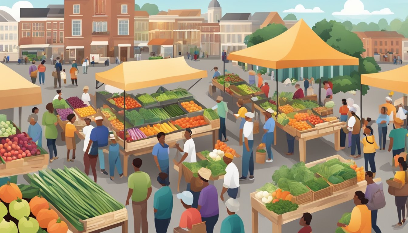 A bustling farmers' market with colorful, fresh produce and volunteers distributing healthy food to a diverse group of people