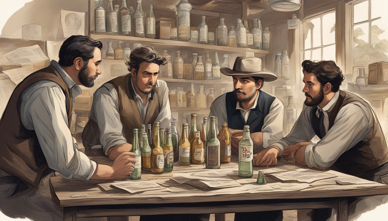 A group of men gather around a table, discussing the origins of the Texas soda industry. Old documents and bottles are scattered across the surface