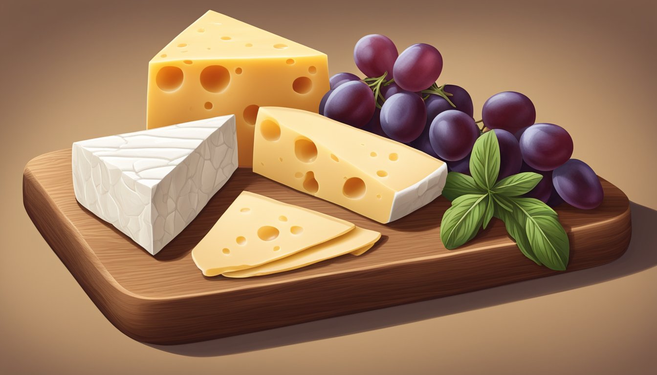 A wooden cutting board with slices of queso fresco, cheddar, and gouda arranged in a triangle, accompanied by a bunch of grapes and a sprig of rosemary