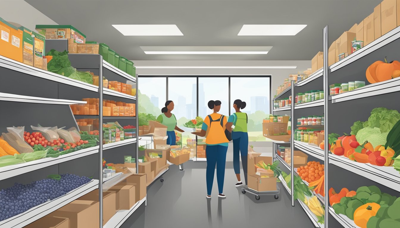 A bustling food pantry with shelves stocked full of fresh fruits, vegetables, and whole grains. Volunteers and staff work together to distribute healthy food to grateful community members