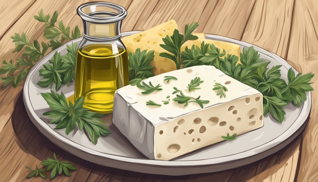 A block of queso fresco on a wooden cutting board, surrounded by fresh herbs and a small dish of olive oil