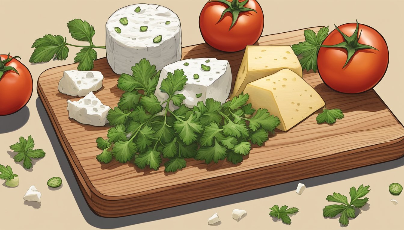 A wooden cutting board with various fresh ingredients including tomatoes, cilantro, and a crumbled block of queso fresco