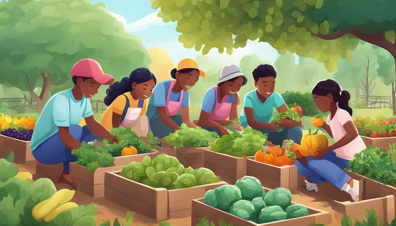 A group of diverse students and teachers gather around a colorful garden, planting and harvesting fresh fruits and vegetables together