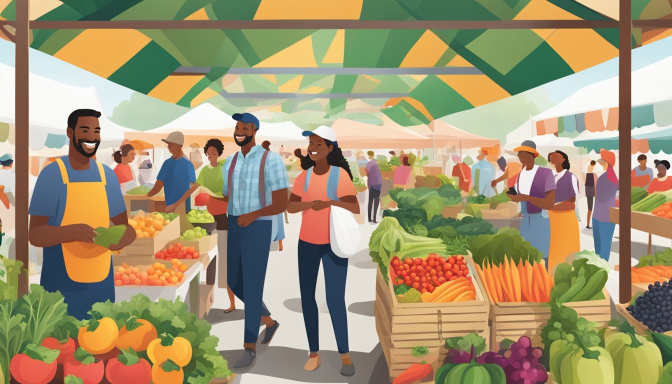 A bustling farmers' market with diverse, fresh produce and smiling faces