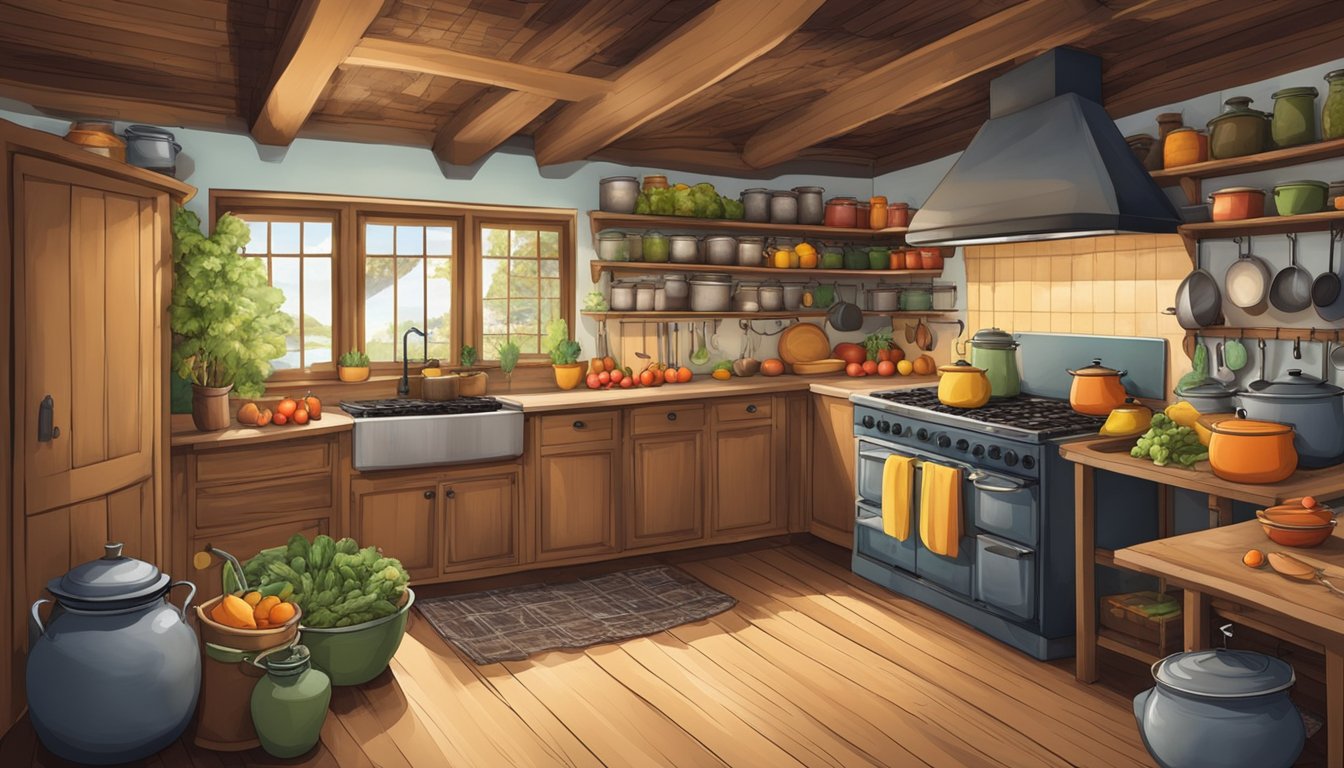 A rustic kitchen with pots and pans hanging from the ceiling, a wood-burning stove, and shelves filled with jars of preserved fruits and vegetables