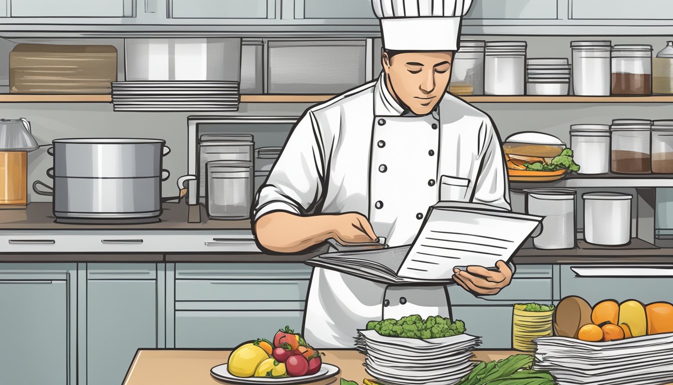 A kitchen manager reviewing food safety procedures and certification documents