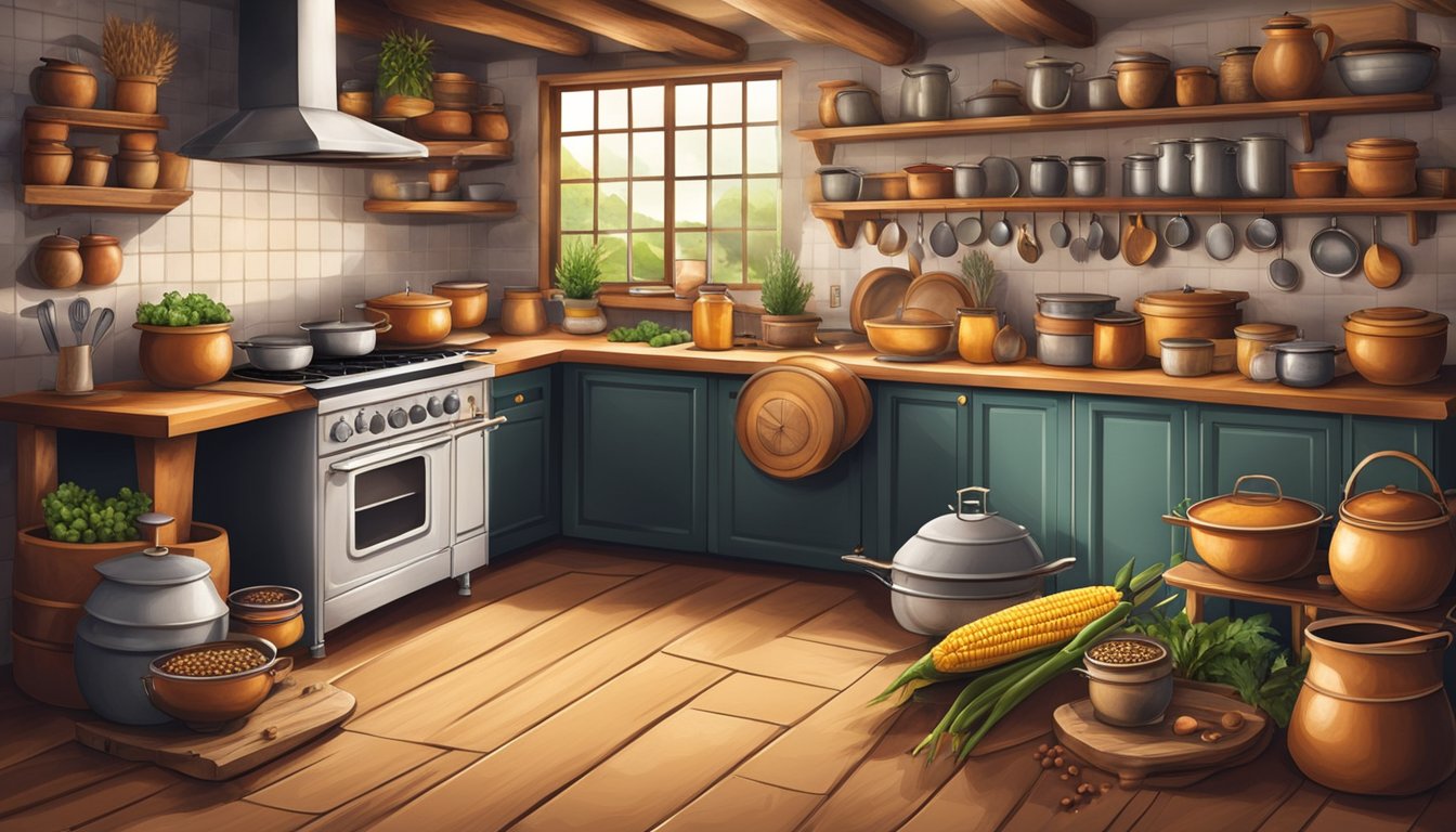 A rustic kitchen with a wood-burning stove, surrounded by pots and pans, and traditional ingredients like beans, corn, and spices