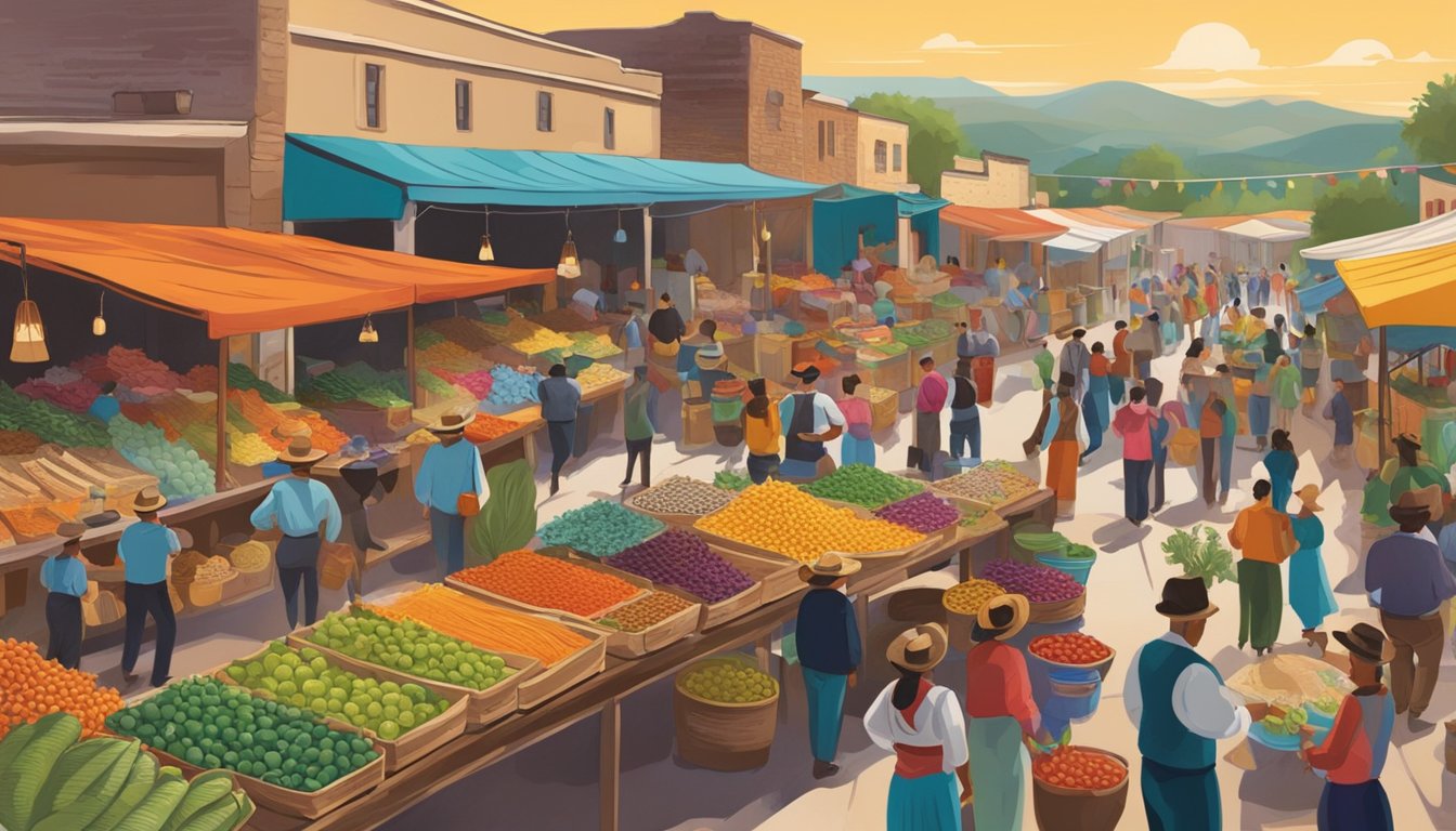 A bustling outdoor market with colorful stalls selling a mix of Tex-Mex and traditional hill country ingredients. A mariachi band plays in the background, adding to the vibrant atmosphere