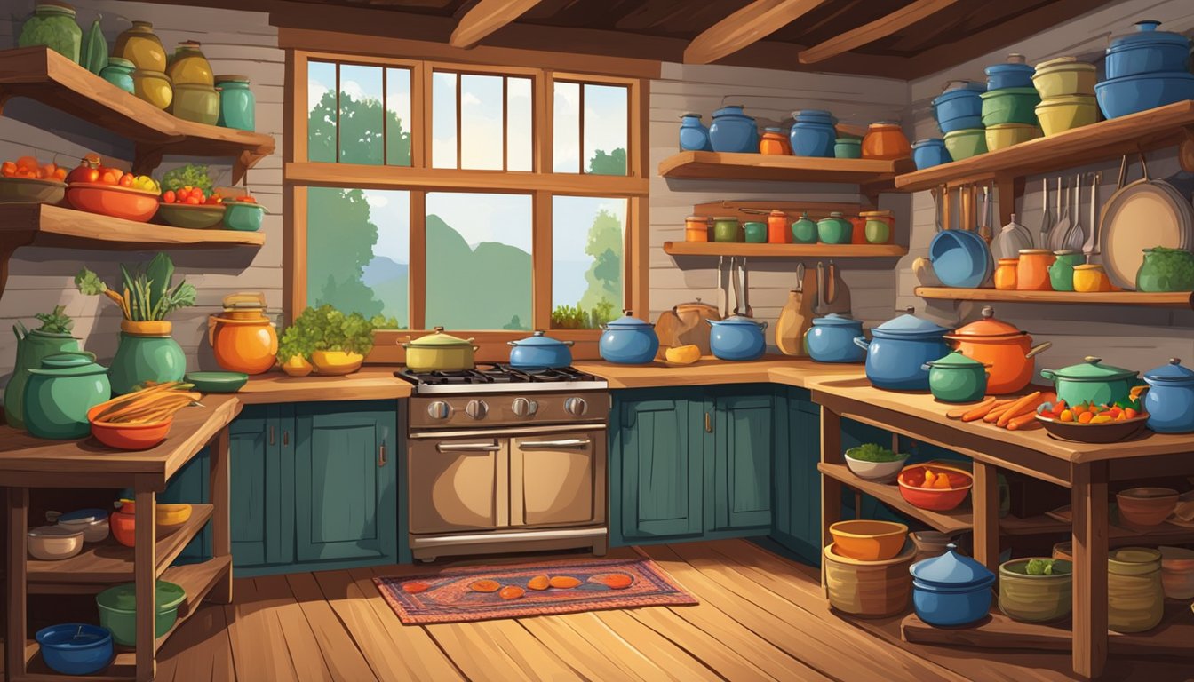 A rustic kitchen with pots simmering over a wood fire, shelves lined with jars of pickled vegetables, and a table set with colorful, handcrafted dinnerware