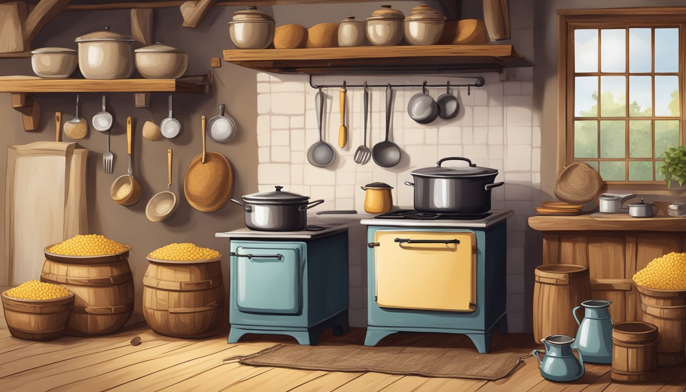 A rustic kitchen with a steaming pot of grits on a wood-burning stove, surrounded by sacks of cornmeal and vintage cooking utensils