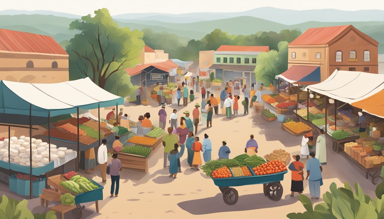 A bustling hill country market with vendors selling fresh produce and spices, while locals gather to share recipes and stories