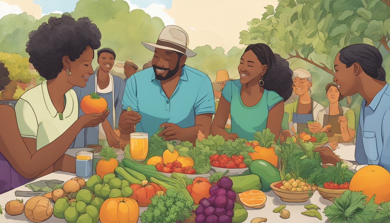 A group of people gather around a table filled with colorful fruits, vegetables, and herbs. They engage in lively conversation about the health aspects and cultural connections of hill country cooking