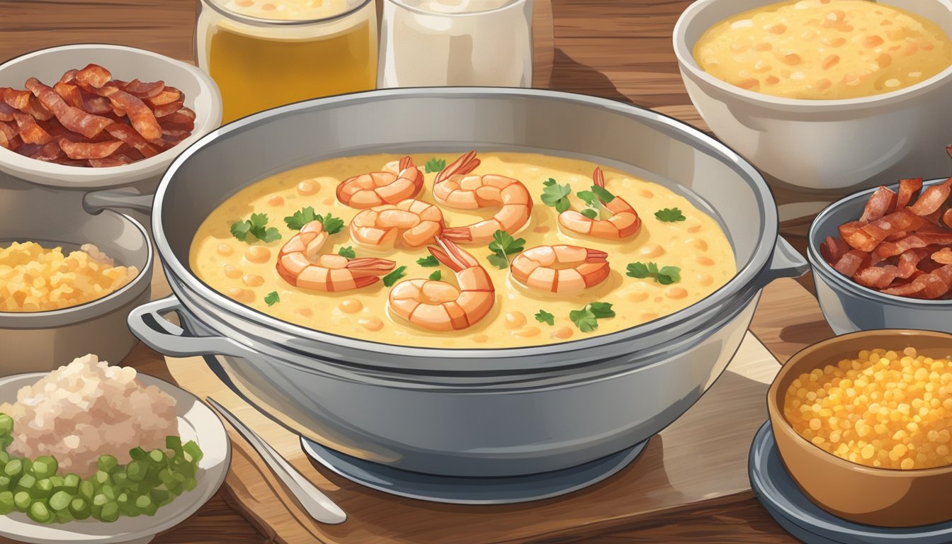 A steaming bowl of creamy yellow grits surrounded by dishes of shrimp, cheese, and bacon, ready to be mixed in for a hearty Texas meal