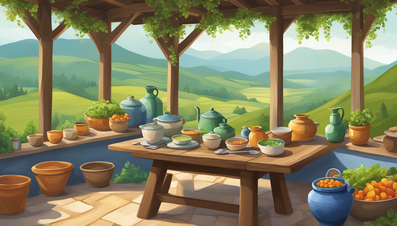 A rustic table set with colorful pottery, woven textiles, and traditional cooking utensils, surrounded by lush green hills and a quaint village