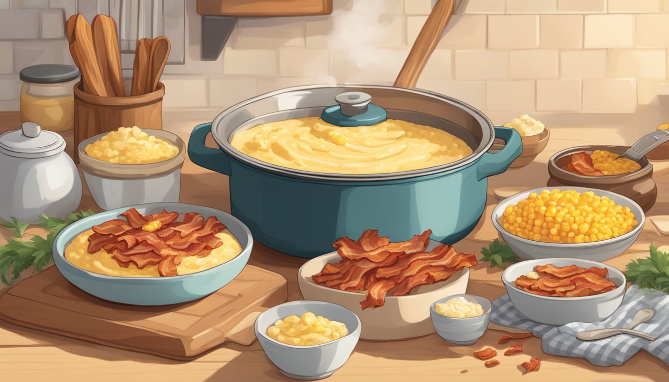 A pot of creamy grits simmering on a stovetop, surrounded by bowls of butter, cheese, and crispy bacon. Corn husks and a wooden spoon sit nearby