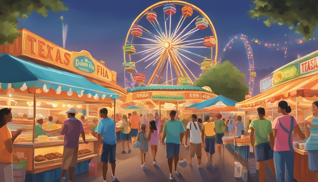 Colorful food stalls and lively attractions fill the Texas State Fair, with a Ferris wheel towering in the background. The aroma of fried foods and the sounds of laughter create a festive atmosphere