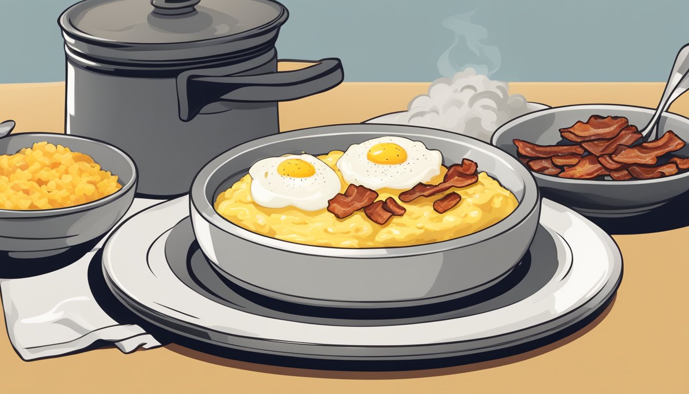 A steaming bowl of creamy grits topped with melted butter and served alongside a sizzling plate of crispy bacon and a side of scrambled eggs