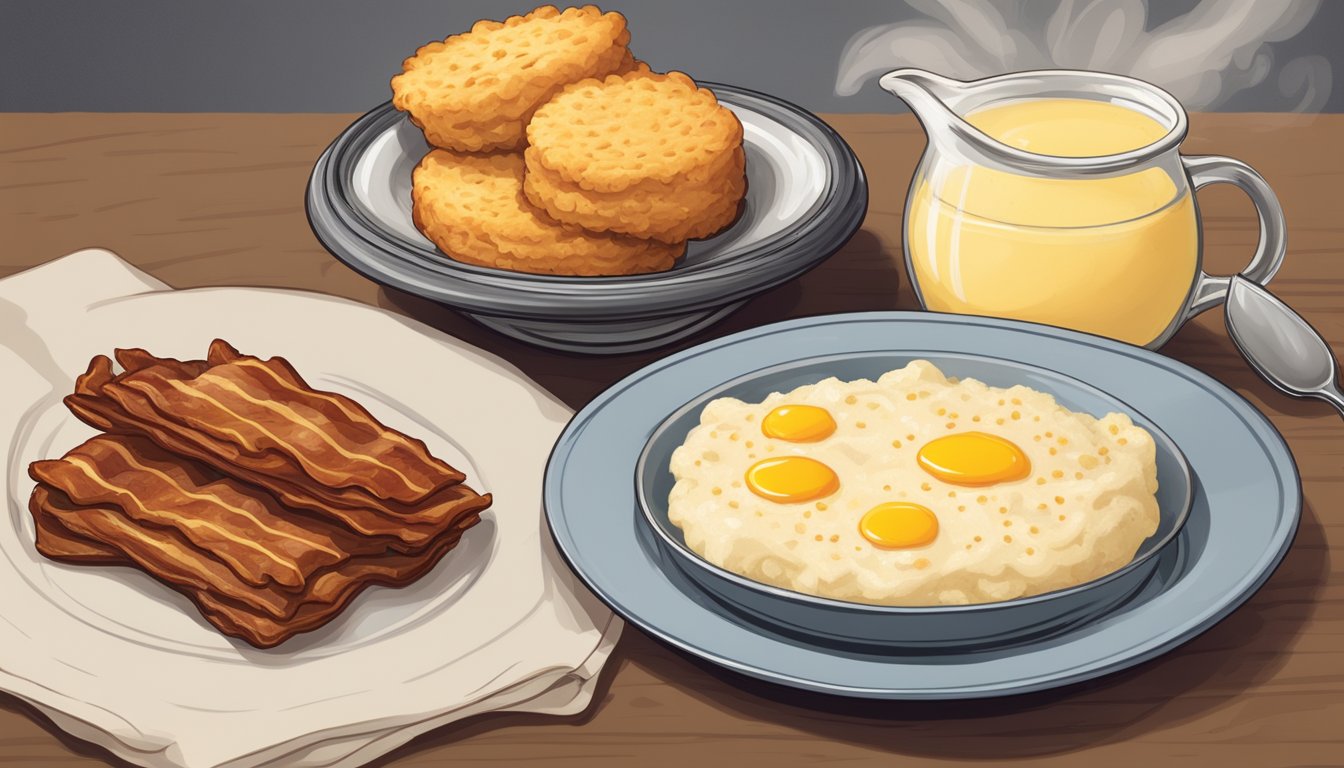 A steaming bowl of creamy grits topped with a generous pat of butter, served alongside a sizzling plate of crispy bacon and a side of fluffy buttermilk biscuits