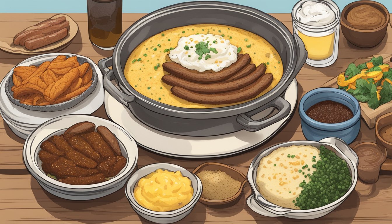 A steaming bowl of creamy grits topped with melted butter and a sprinkle of black pepper, surrounded by a spread of traditional Texas cuisine ingredients like BBQ brisket, smoked sausage, and fried catfish