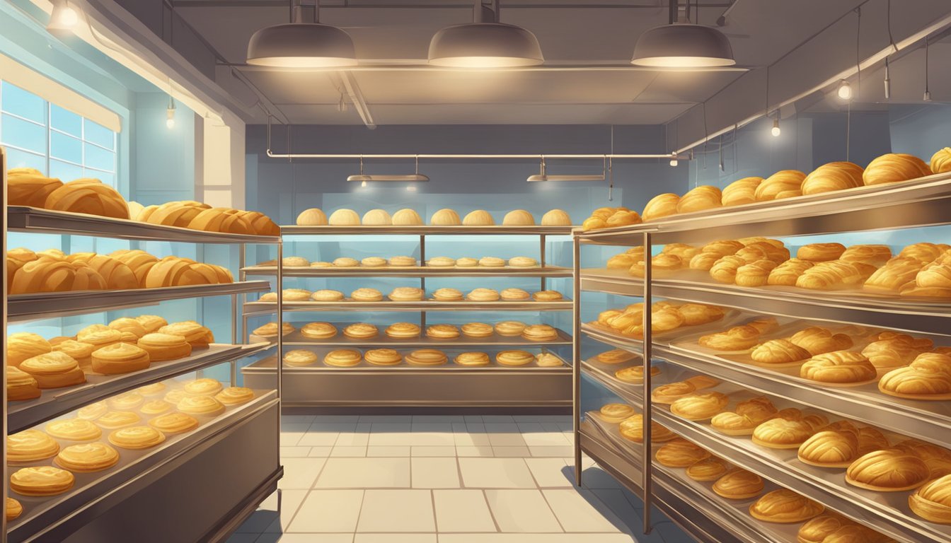 A quaint bakery with rows of golden, fruit-filled pastries cooling on racks. The smell of warm dough and sweet fillings fills the air