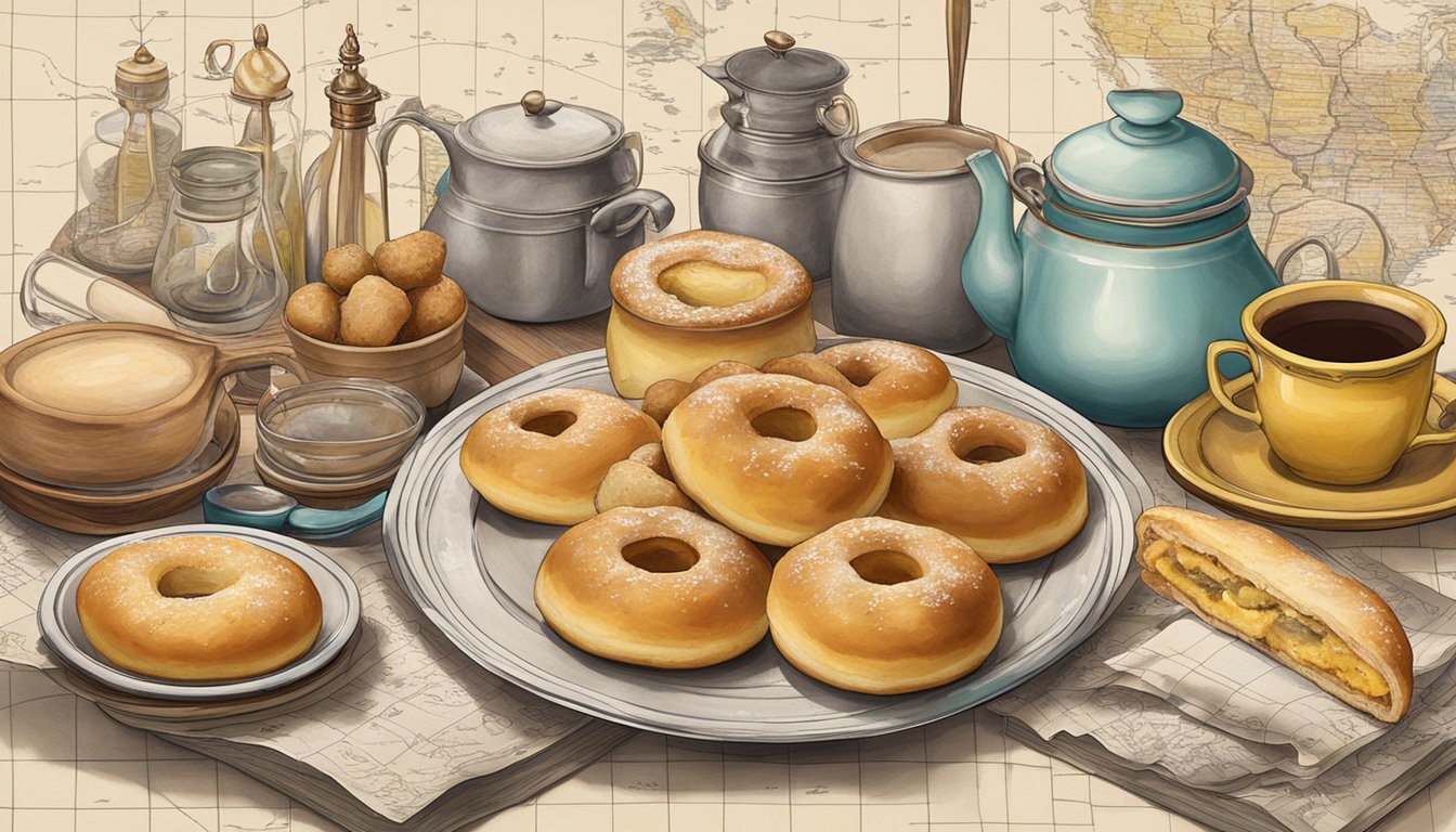 A table adorned with a variety of kolache pastries, surrounded by vintage kitchen utensils and a map of America