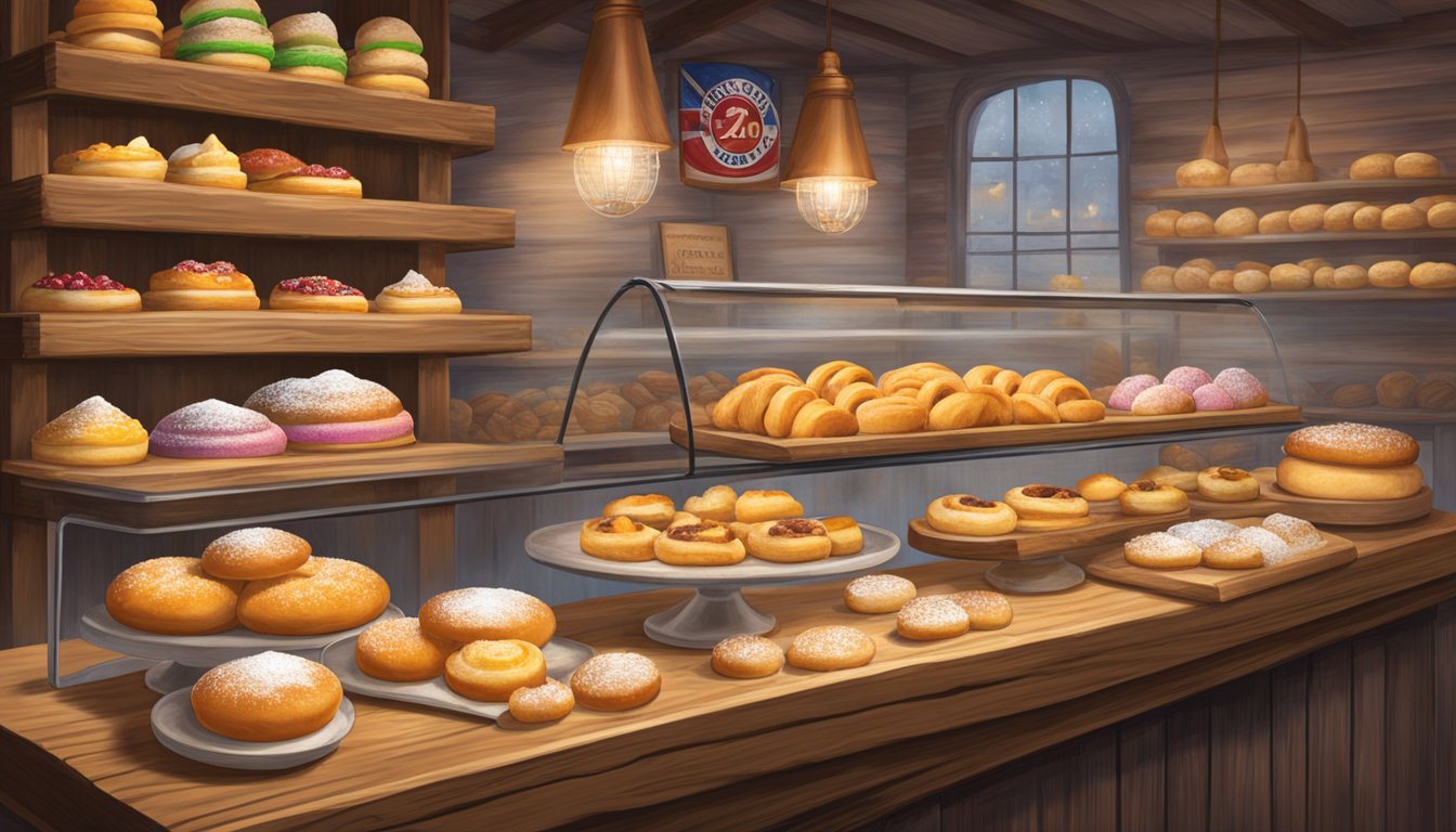 A Texan bakery display showcases a variety of kolaches, highlighting the Czech influence in Texan cuisine. The sweet pastries are arranged on a rustic wooden table, tempting passersby with their colorful fillings and powdered sugar dusting