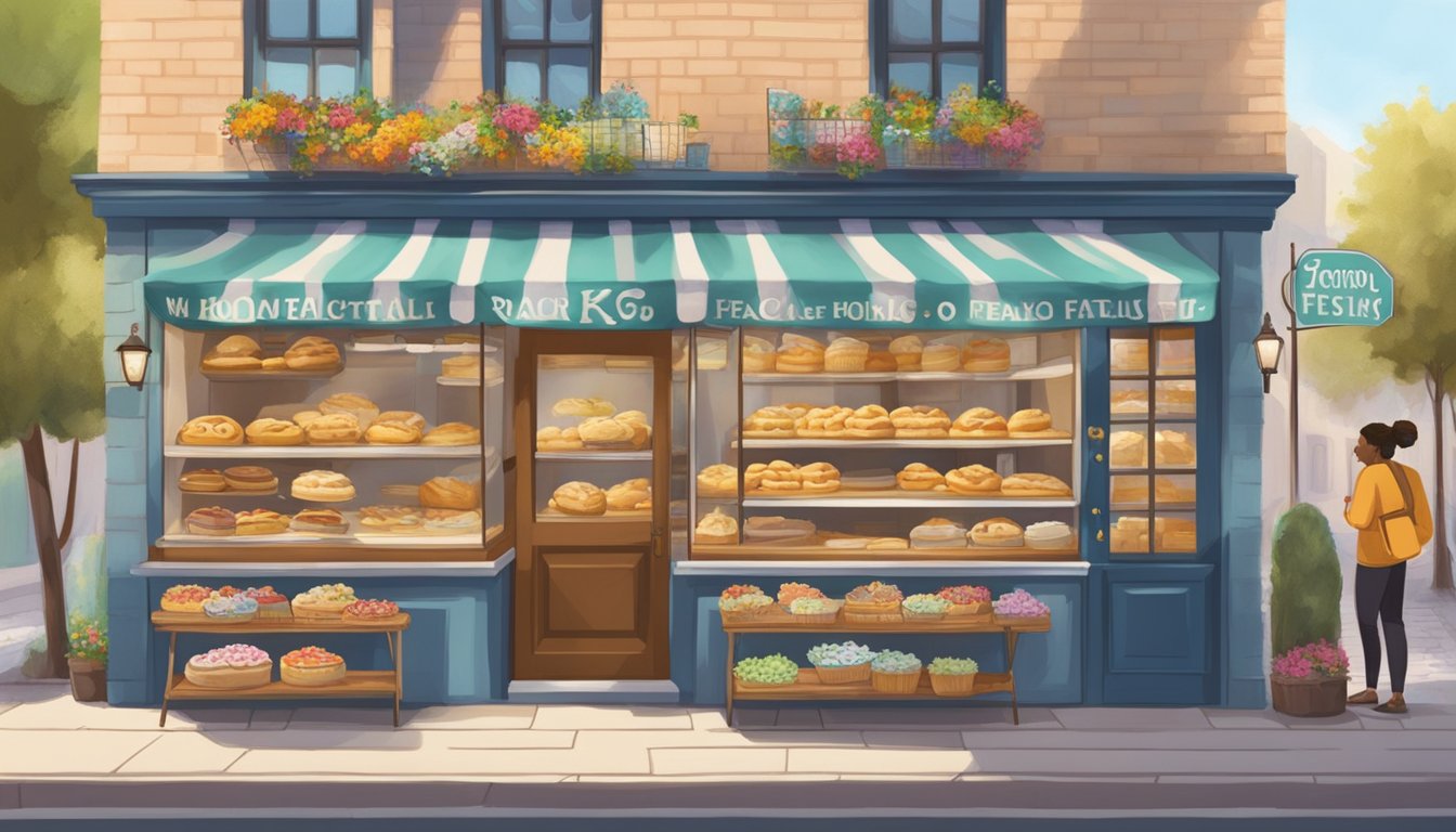 A quaint bakery with a display of fresh kolaches, surrounded by colorful banners and signs advertising upcoming festivals