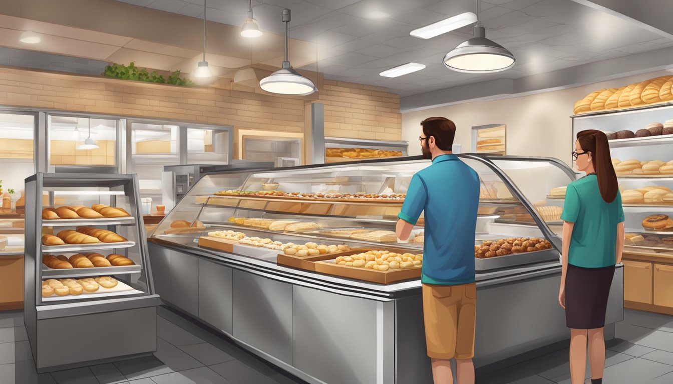 A modern kolache bakery with a display of various sweet and savory pastries, a bustling kitchen, and customers enjoying their treats