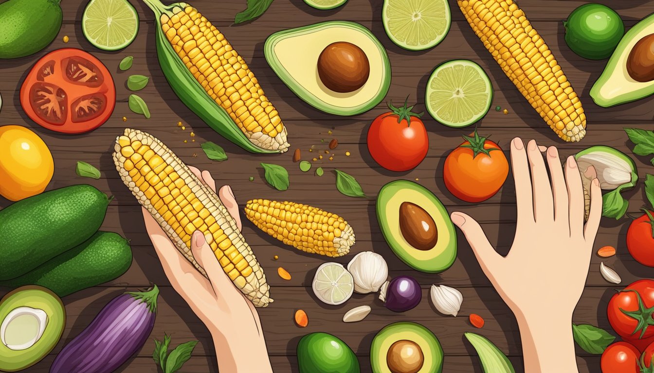 A hand reaching for fresh corn, tomatoes, and avocados. An array of colorful vegetables and spices on a wooden table