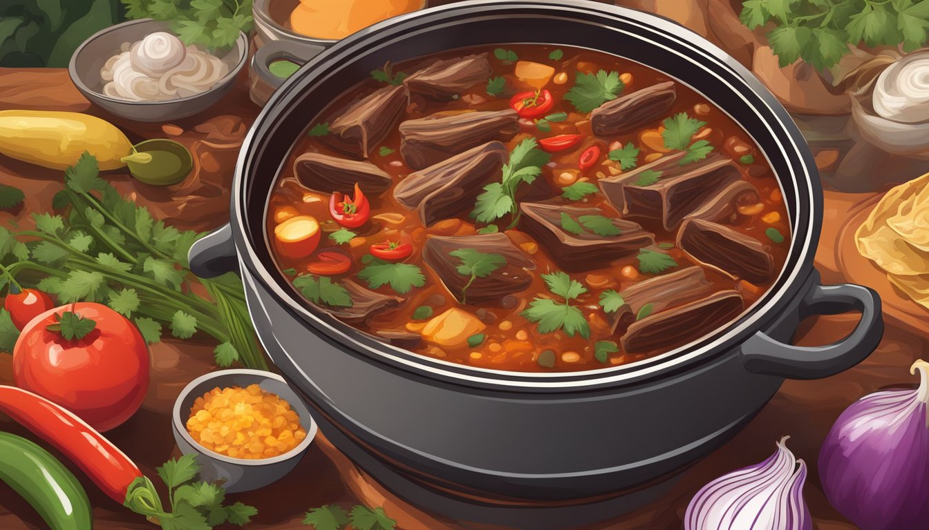 A steaming pot of birria simmering over an open flame, surrounded by colorful ingredients like chiles, onions, and cilantro. A traditional Mexican dish