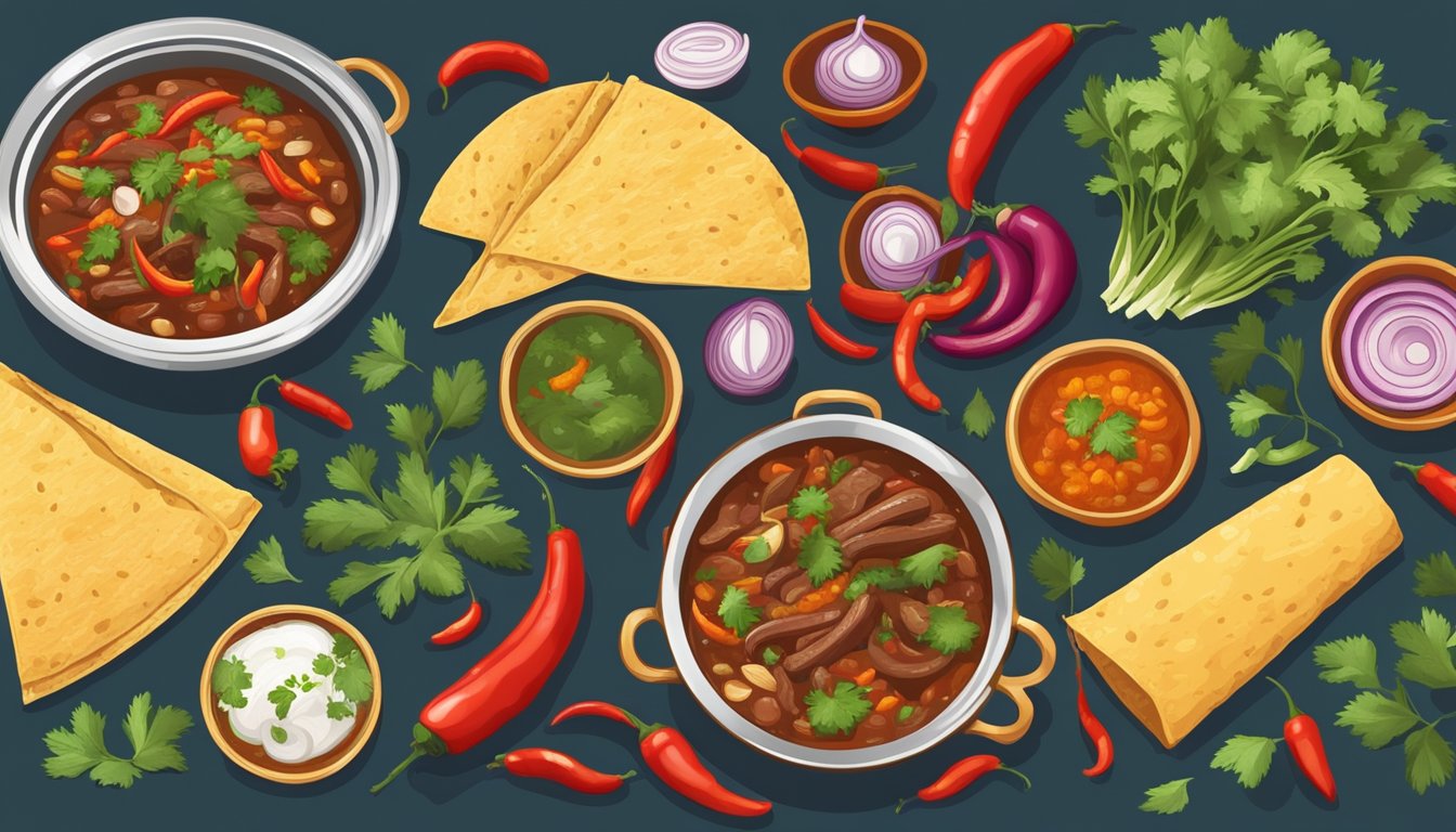 A steaming pot of birria surrounded by colorful ingredients like chilies, onions, and cilantro, with variations such as tacos and consommé on the side