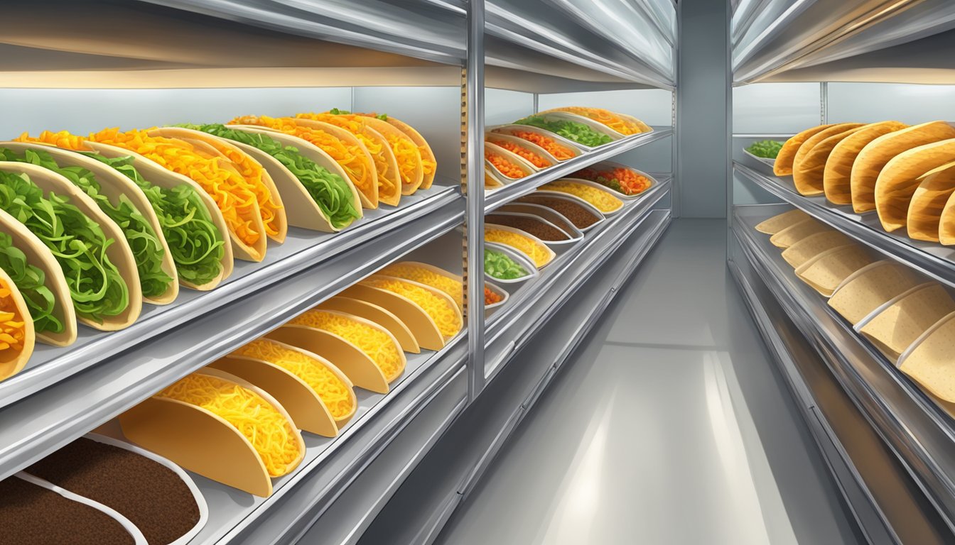 Taco shells arranged on shelves in a temperature-controlled room, sealed in airtight containers to maintain freshness and prevent breakage