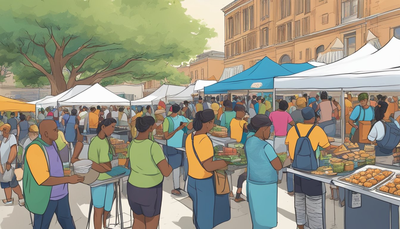 A bustling outdoor food festival with vendors applying for Texas temporary food permits at a busy registration booth